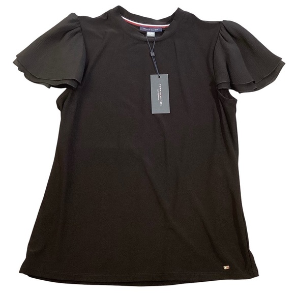 Tommy Hilfiger Tiered Ruffle Short Sleeve Tee Black, Size Small NWT Office - Picture 2 of 9